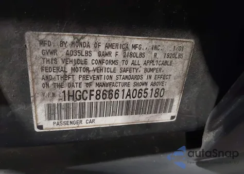 2001 Honda Accord Value Package из США, поврежденный, VIN 1HGCF86661A065180